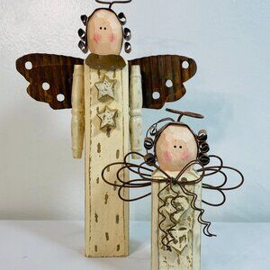 (2) Angel Figures, Wood & Metal, 5.5" & 9.5", Farmhouse/Primitive Style, EUC